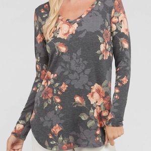 New Charcoal Floral V-Neck Long Sleeve Top